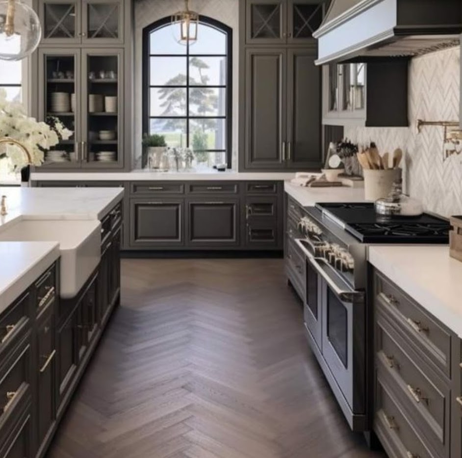 Stylish kitchen cabinets painted with Sherwin-Williams Urbane Bronze